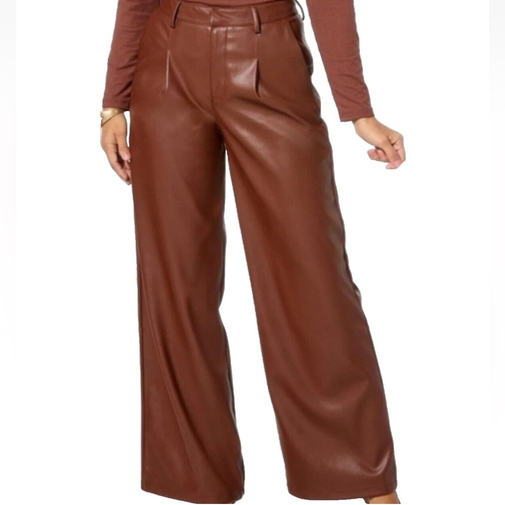 House of Harlow 1960 Faux Leather Dark Brown Pleated Wide Leg Pants Womens sz 10